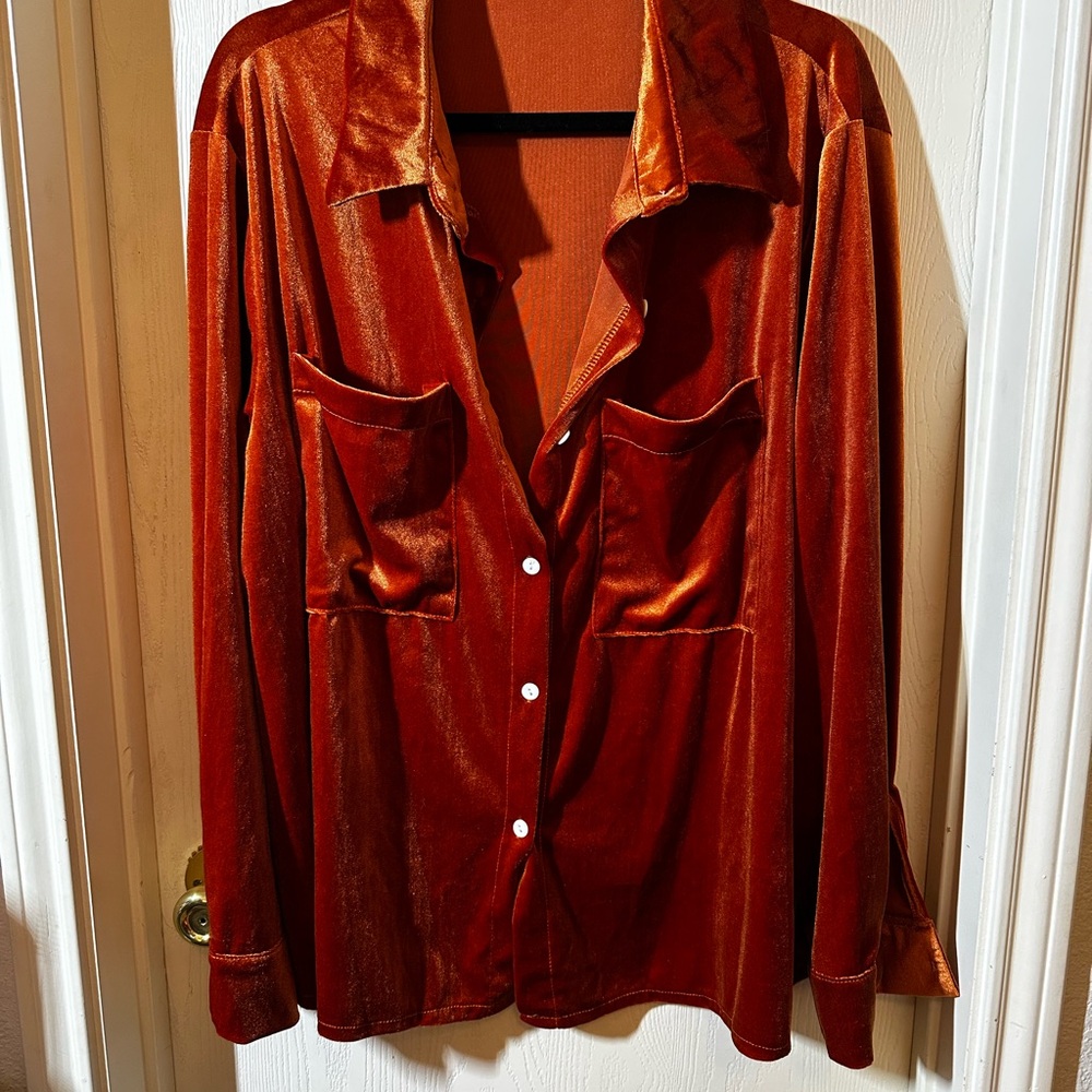 SHEIN Velvet Button-Up Shirt in Rich Rust